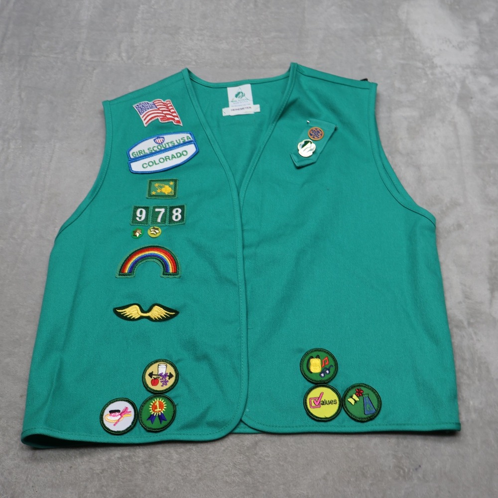 Girl Scouts Vest Girls Large Green Colorado Merit Badge Patches Uniform VTG